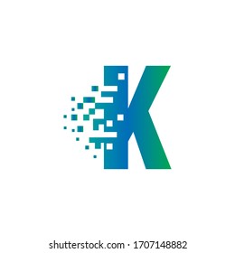 K Initial Letter Logo Design with Digital Pixels in Gradient Colors