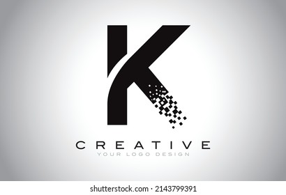 K Initial Letter Logo Design with Digital Pixels in Black and White Colors.