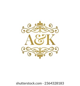 A K initials logo ornament gold. Letter AK wedding ampersand or business partner symbol.