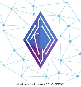 K J Initial letter block chain logo icon vector template. Looping mono line circuit letter on rhombus cube logo