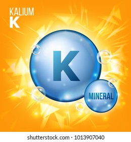 K Kalium Vector. Mineral Blue Pill Icon. Vitamin Capsule Pill Icon. Substance For Beauty, Cosmetic, Heath Promo Ads Design. 3D Mineral Complex With Chemical Formula. Illustration