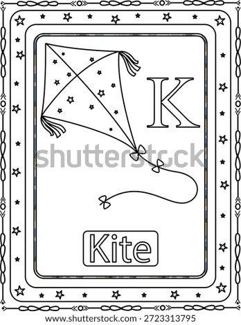 K for Kite. Cute Alphabet Coloring Page for Kids And Adults.