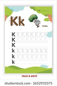 K para Koala Alphabet Tracing and Writing Practice for Kids Printable EPS Vetor File with Koala Themed Letter K Activities Planilhas de caligrafia pré-escolar e habilidades de motor fino para jardim de infância desenvolver