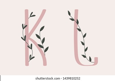 K and L letter set of a pink alphabet with floral elements.