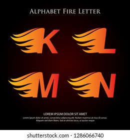 K L M N Letter Flame Logo Design. Fire Logo Lettering Concept on Dark Background Vector
