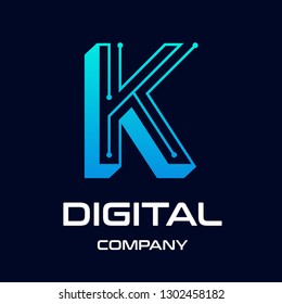 The K letter 3 dimensions or 3D with dot and technology symbol on dark blue background in the style of modern. This logo is suitable for industrial, mechanical, connection, business and automotive.