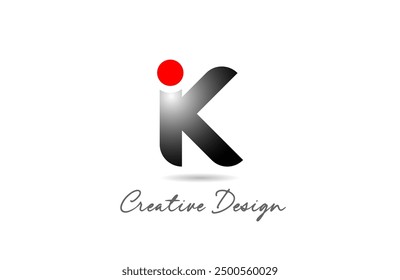 K letter alphabet logo icon design in black grey gradient color with red dot circle for company and business