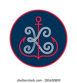 K letter with an anchor and rope vector vintage label, logo, icon design template element. This badge can be used as trademark or a print on fabric.
