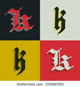 K letter blackletter style logo set with grunge texture. Stylish horror gothic icon font. Perfect for retro style identity, music album covers, movie posters, luxury packaging, medieval design.