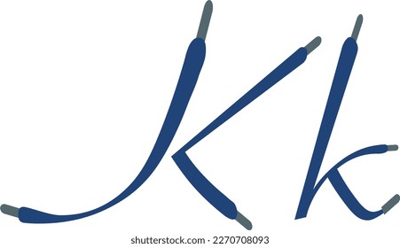K letter. Blue Sport alphabet formed by shoe lace. Vector handwritten script font can be used for workout labels, race headlines, fitness posters, delivery cards. Alphabet fonts set.