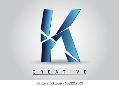 K letter with broken glass effect. Blue shattered letter with falling pieces vector illustration for logo, monogram, label, cover, emblem, company name, glass business, firm sign or web page design.