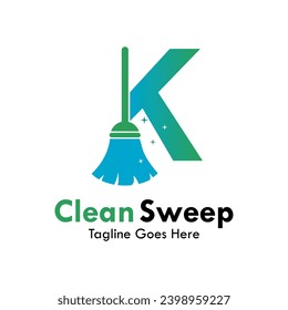 K letter with broom design logo template illustration.