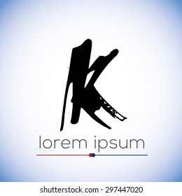 K letter calligraphic hand drawn logo (sign, symbol, icon). Letter k handwritten by dry brush. Rough strokes font. Vector illustration. Grunge style  alphabet.