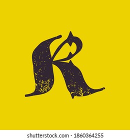 K letter calligraphy logo in horror style with grunge texture. Stylish terrible font for your fear corporate identity, circus emblem, nightlife posters, medieval style design, and etc. 