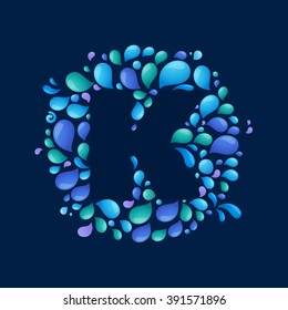 K letter in a circle of splashes and drops of water. Font style, vector design template elements for your ecology application or corporate identity.