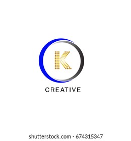 K letter circle swoosh logo design vector with dot