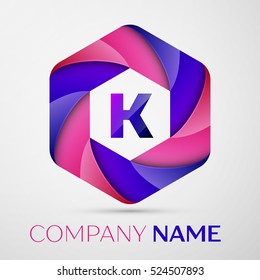 K Letter colorful logo in the hexagonal on grey background. Vector template for your design