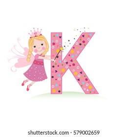 K letter with a cute fairy tale vector illustration