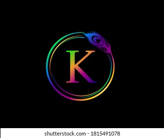 K Letter Decorated With Hologram Color Peacock Feather. Circle Badge With Peacock Feather. 