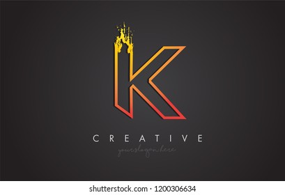 K Letter Design with Golden Outline and Grunge Brush Texture. Vector Illustration.