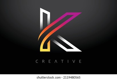 K Letter Design on a Black Background. Orange Purple K Letter Logo Design with Modern Monogram Lines Look Vector Illustration.