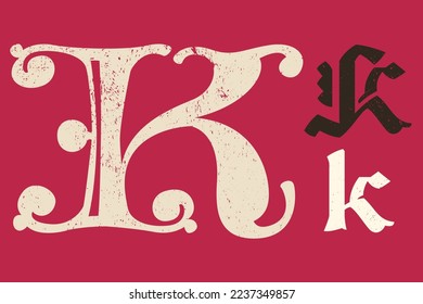 K letter drop cap logo. Illuminated initial and blackletter uppercase and lowercase. All you need to precisely imitate medieval text. Decorative element for the beginning of a paragraph or section.