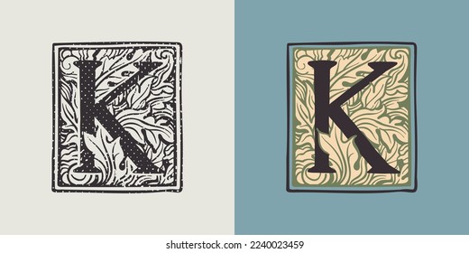 K letter drop cap logo in engraved medieval style. Set of dim colored and monochrome square shaped illuminated initials. Perfect for vintage premium identity, Middle Ages posters, luxury packaging.