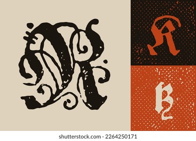 K letter drop cap logo. Illuminated initial and blackletter uppercase and lowercase. All you need to precisely imitate medieval text. Decorative element for the beginning of a paragraph or section.