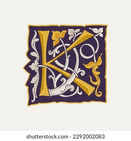 K letter drop cap logo. Square medieval initial with gold texture and white vine. Renaissance calligraphy emblem. Vector premium elements for luxury identity, vintage package, engraved charter, etc.