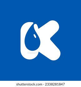 K letter eco logo with blue water dew drops. Negative space icon. Spring water emblem. Vector template for pure drink company, swimming posters, waste recycling identity, fight against drought adv.