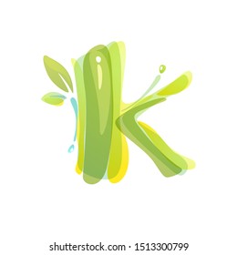 K letter eco logo formed by watercolor splashes. Green overlay style. Vector typeface for labels, headlines, posters, cards etc.