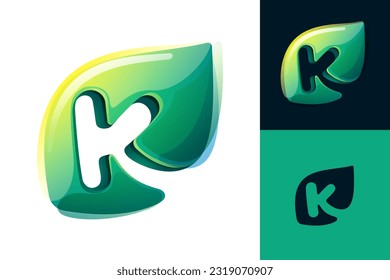 Logo de K letter eco. Talla de hojas verdes. Icono realista 3D. Bosque respetuoso con el medio ambiente, inicialmente al estilo acuarela. Fuente para etiquetas botánicas, titulares florales, afiches de reciclaje, tarjetas orgánicas.