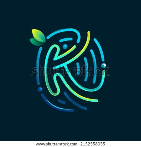 K letter eco logo made of fingerprint. Gradients icon with green leaves and dew drops. Perfect for online payment art, biometric design, agriculture advertising, pure food packaging, modern identity.