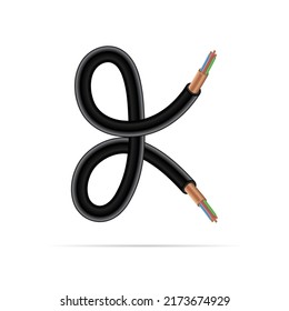 K letter electric cable design. Vector realistic font for logo, app logo, creative template etc.