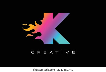 K Letter Flame Logo Design. Fire Logo Lettering Concept Vector in Rainbow Vibrant Colors
