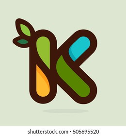 K letter flat style logo with green leaves. Vector elements for ecology posters, t-shirts and cards.