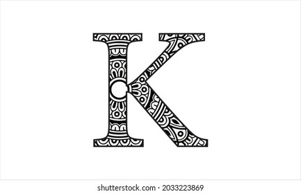 K letter Flower capital alphabet . Vector illustration Floral, Mandala alphabet. Black and white alphabet letters with flower shaped mandala design