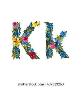 K letter. Flower capital alphabet. Colorful font. Uppercase and lowercase. Vector illustration. Grotesque style. Floral alphabet. 