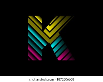 K letter font logo with cmyk color. Dynamic split blue, pink, yellow color on black background. For social media,design elements, creative poster, brand label and more