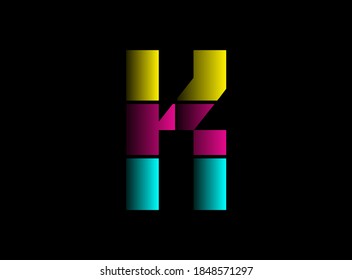 K-Buchstaben Schriftart, Vektorlogo aus Cmyk Farbe. Dynamisch gespaltene blaue, rosafarbene, gelbe Farbe auf schwarzem Hintergrund. Für Social Media, Design Elemente, kreatives Poster, Web-Vorlage etc.                       