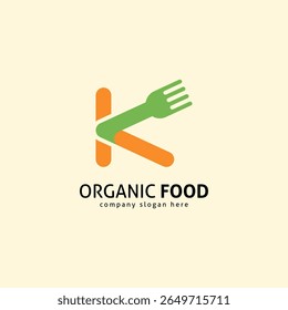 K Letter Food Logo. Abstract Fork Monogram Symbol for Restaurant and Organic Meal Brand.