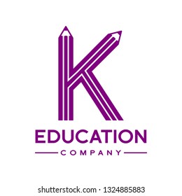 K letter formed by pencil vector logo template. Design elements for your application, education, student or corporate identity.