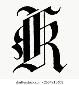 Letra K, fonte gótica alemã ilustração vintage isolada em branco, vetor. Fonte criativa e letra de tipografia, vetor isolado. Fonte preta vintage.