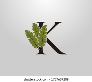 K Letter With Green Banana Leaf, Tropical Alphabet Sign Design Concept.