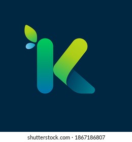 K letter green gradient eco logo. Vector one line colorful typeface for agriculture branding design, spring labels, garden posters, environment identity etc.