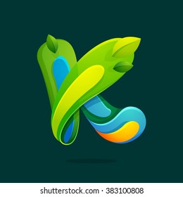 K letter with green leaves logo. Font style, vector design template elements for your ecology application or corporate identity.