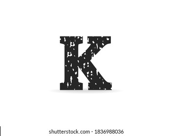 K letter grungy, grunge texture design. Rubber stamp imprint style. For logo, brand label, poster, design elements etc. Isolated vector illustration.