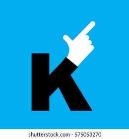 K letter hand. Forefinger lettering. Hand of business suit
