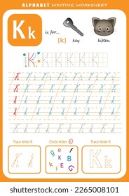 Hoja de trabajo de práctica de escritura a mano de letras K. Hoja de cálculo de seguimiento de letras de alfabeto para niños con juegos e ilustraciones brillantes. Página Aprendiendo actividad alfabética. Plantilla imprimible.