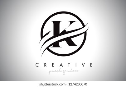 K Letter Icon Logo Design with Circle Swoosh Border and Black Colors. Creative K Design Vector Illustration.